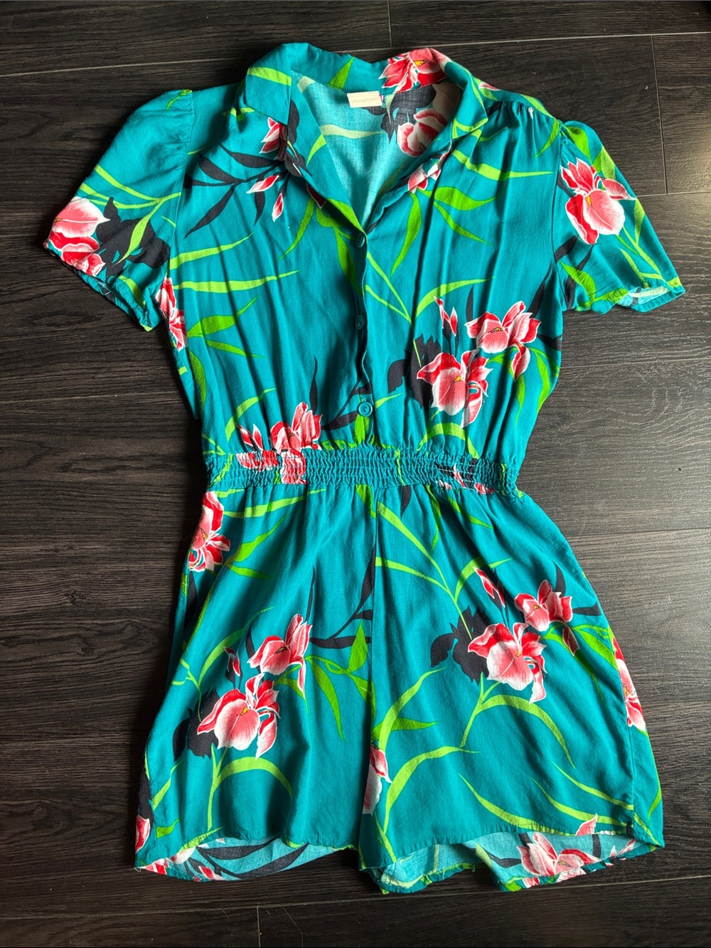 Teal Floral Short Sleeve Romper with Pink Bloom Print